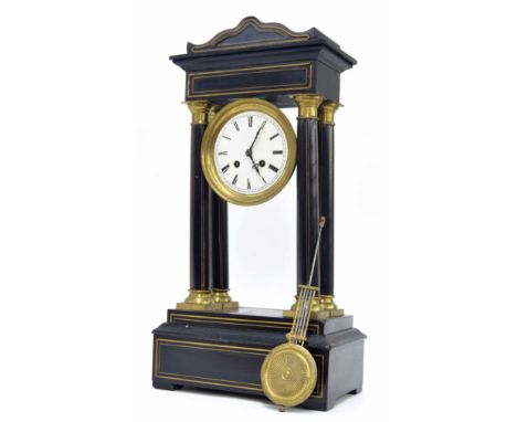 French ebonised two train portico mantel clock, the movement with outside countwheel striking on a bell, the 4.25" white dial