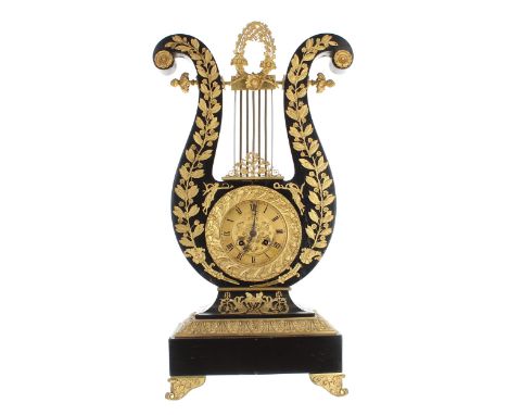 French ebonised and ormolu mounted two train&nbsp;lyre mantel clock, the Japys Freres movement striking on a bell, the 4" gil