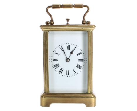 Small repeater carriage clock striking on a gong,&nbsp;within a corniche brass case, 6" high; also within a red Morocco leath