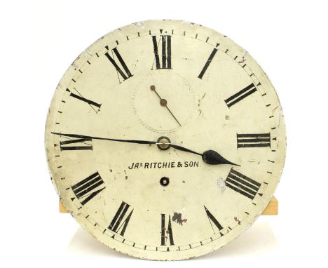 Longcase regulator movement, the 13" painted white dial signed Jas Ritchie &amp; Son with subsidiary seconds dial, the moveme