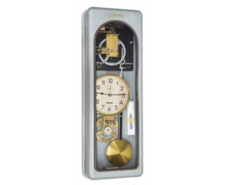 D.E.H.O. electric master clock, the 8" cream dial with subsidiary seconds dial, within a light green metal case, 36" high (pe