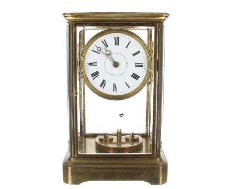Brass four glass torsion mantel clock, the 3.75" white dial inscribed DR Patent 2437.R.L.Patent 2182.U.S.Patent 269052, over 