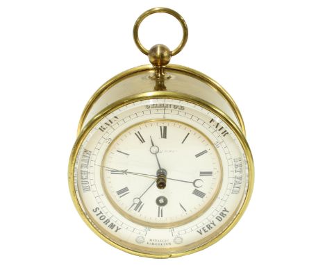 Rare and interesting brass drumhead clock/barometer, the 5.5" barometer chapter ring inscribed E. Bourdon and Richard's Paten