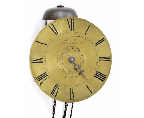 Good Whitehurst of Derby single train hook and spike pantry clock with alarm, the 7" circular brass dial signed Whitehurst, D