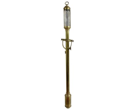 Brass ship's barometer, the silvered scale signed J.J.B.L.M. 16 &amp; 22 R.N. Desterro, Lisbon over a cylindrical casing and 