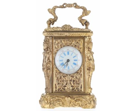 Miniature ornate carriage clock timepiece, the 1" dial within a fine filigree pierced case with caryatid corners, 3.5" high (