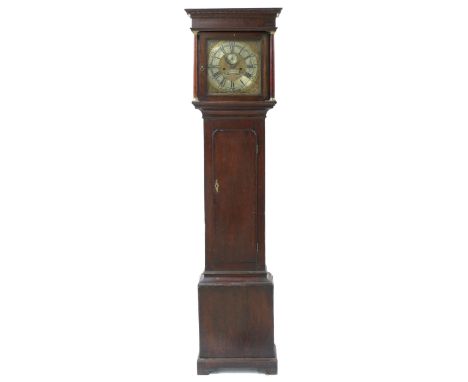 Oak thirty hour longcase clock, the 12" square brass dial signed Sowrey, Whitehaven on a silvered banner to the matted centre