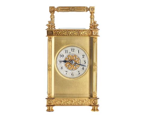 Attractive&nbsp;French carriage clock striking on a gong, the 1.75" silvered chapter ring with Arabic numerals enclosing a fi