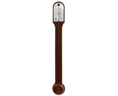 Mahogany stick barometer, the silvered scale signed Short &amp; Mason over a recessed tube to the circular cistern cover 