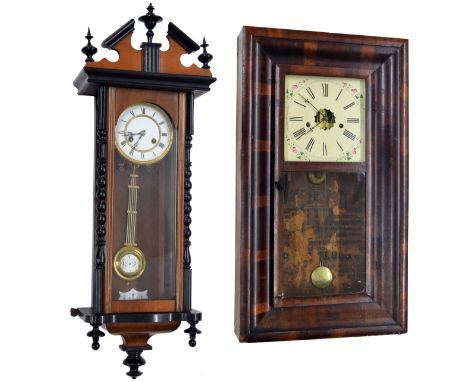 Small two train walnut and ebonised Vienna regulator wall clock, the 5" white dial within a pillared glazed case, 35" high; a