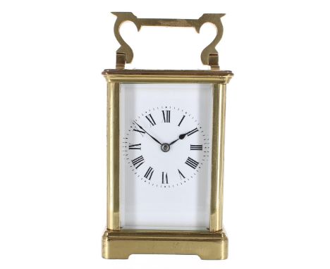 Richard &amp; Co carriage clock striking on a gong, bearing the maker's trademark logo on the back plate, within a corniche b