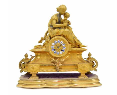 French ormolu two train figural mantel clock, the Japy Freres movement with outside countwheel striking on a bell, the 3.5" r