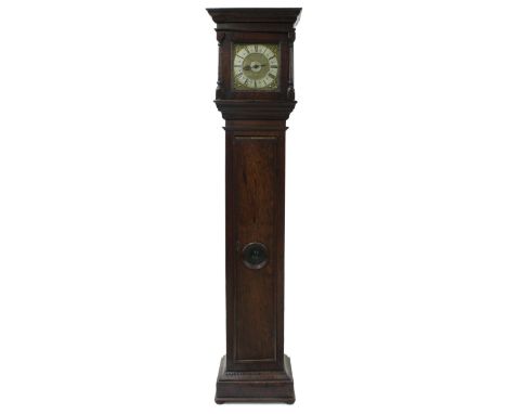 Interesting elm thirty hour longcase clock, the 10" square brass dial with silvered chapter ring enclosing a matted centre fi