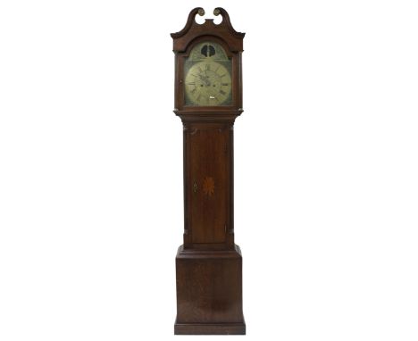 Oak eight day longcase clock, the 13" brass arched dial with brass chapter ring enclosing a foliate engraved centre with subs