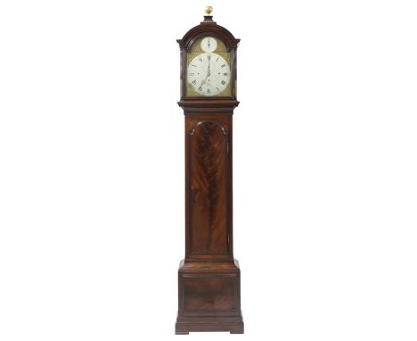 Fine English flame mahogany three train longcase clock with 6-pillar movement, the 12" brass arched dial signed James Bullock