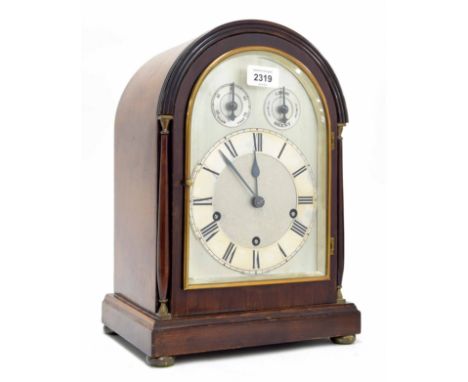 Mahogany three train mantel clock, the 7" silvered dial with silvered chapter ring enclosing a matted centre, with slow/fast 