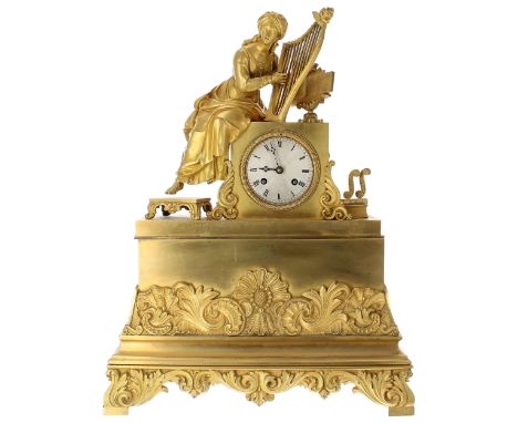 French ormolu figural two train mantel clock, the S Marti movement with silk suspension, outside countwheel and striking on a