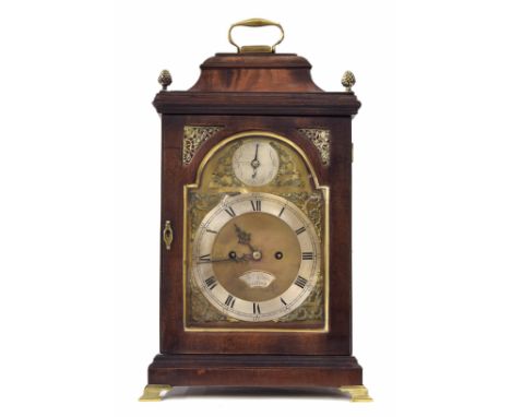 English mahogany double fusee bracket clock, the 7" brass arched dial signed Jno Green, London, on a shaped silvered plate to