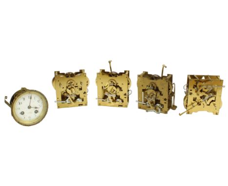 Old French two train mantel clock movement signed Terry, Brighton; also four other various contemporary mantel clock movement