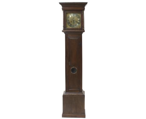 Oak eight day longcase clock, the 11" square brass dial signed Thos James Northampton on the silvered chapter ring enclosing 