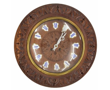 French oak and pine cased two train wall clock striking on a gong, the 9.5" chapter ring with Roman cartouche enamel numerals