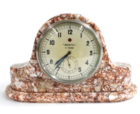 Small Zenith eight day mantel clock timepiece, the 3.25" cream dial with subsidiary seconds dial, within a red and cream marb