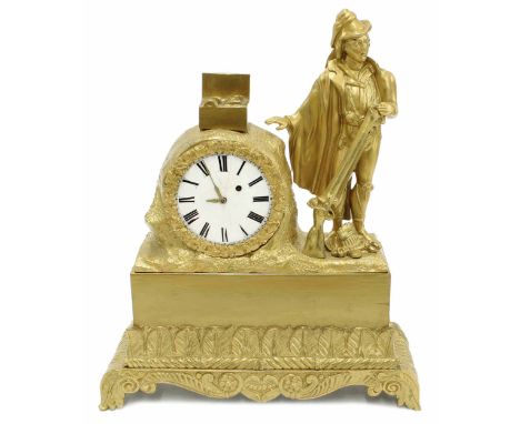 Small French ormolu figural mantel clock timepiece, the 2.25" white enamel dial within a tree stump casing attended by a stan