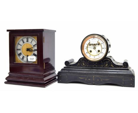 Small English single fusee mantel clock, within a later painted stepped case, 9.75" high (pendulum); also a French black slat