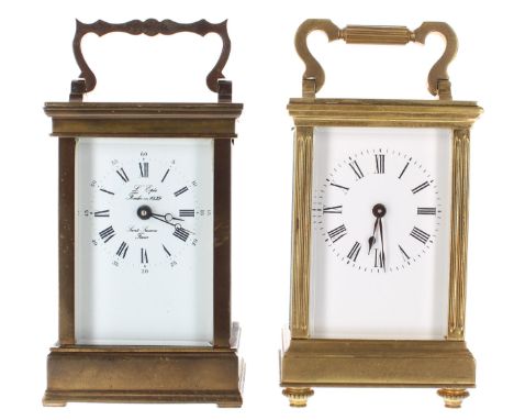 L'Epee carriage clock timepiece with eleven jewel movement, within a plain stepped brass case, 6.25" high; also another carri