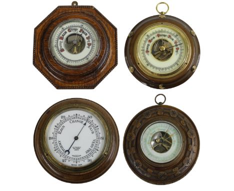 Small aneroid wall barometer, the 4.5" white dial signed J.H. Steward Ltd, 406 Strand, London, within a turned oak case; also