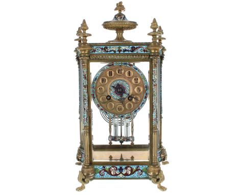 French brass and cloisonné&nbsp;two train four glass mantel clock striking on a gong, the 3.25" gilt chapter ring enclosing a