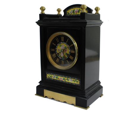 Attractive Arts and Crafts style black slate and coloured mosaic inlaid two train mantel&nbsp;clock striking on a bell,&nbsp;