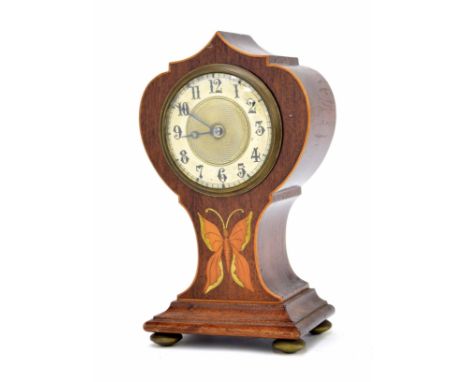Small mahogany inlaid mantel clock timepiece with platform escapement, the 3.5" silvered chapter ring enclosing an engine tur