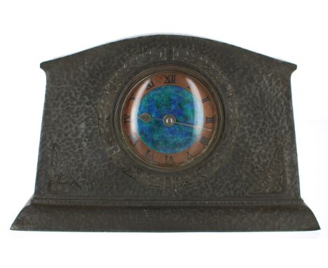 Liberty style Arts &amp; Crafts mantel clock timepiece, the 3.5" copper chapter ring enclosing a blue and green coloured enam