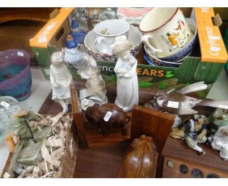 Parcel of mixed china including Lladro bird figures, Nao, Staffordshire pastille burners, wooden bookends ETC