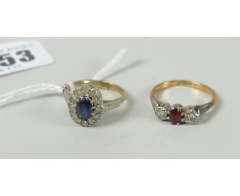 Two diamond rings - one with centre sapphire the other with ruby Please note: not tested, hallmarks, weights and measurements