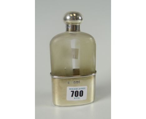 A frosted glass hip flask with silver screw top and silver monogrammed base, marks for London 1896 Please note: not tested, h