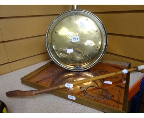 A brass bed warming pan, riding crop, framed copper map of South Wales