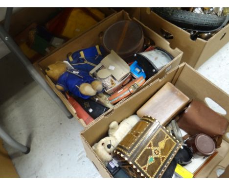 Three boxes of various collectables including wooden boxes, leather collar box and collars, metronome, church items ETC 