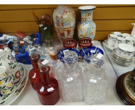 A parcel of mixed glassware, pottery and china including Art Deco-style figurines, a pair of ruby glass decanters, pair of sq