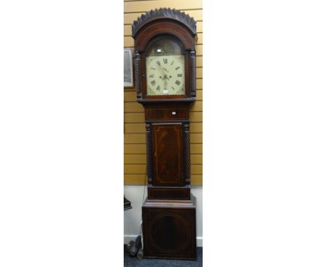 A Victorian inlaid mahogany encased painted dial maritime longcase clock bearing Roman numerals and subsidiary dials, 219cms 