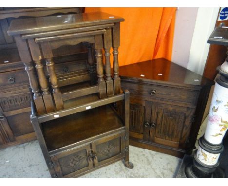 A reproduction Jaycee linenfold-style oak corner standing corner cupboard base with drawer and two-door cupboard together wit