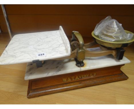A set of W &amp; T Avery scales having a ceramic dish on a marble mounted wooden stand with stencilled W &amp; T Avery limite