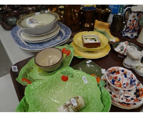 A parcel of copper lustre pottery together with Staffordshire platters and a tray of Carltonware and other pottery and china 