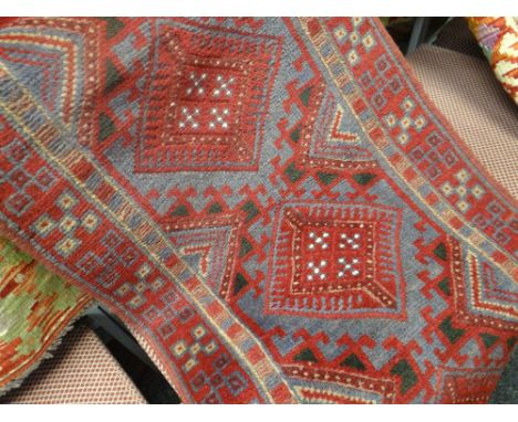 Mainly blue &amp; red ground Meshwani runner, 250 x 55cms
