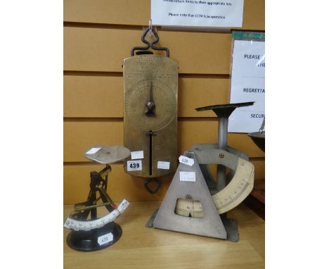 A set of Salter spring balance no.60 mark 2 vintage scales and two sets of vintage postal scales