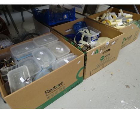 Five boxes of various light fitting accessories, chandelier drops, cable ETC