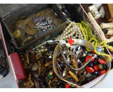 A tin of costume jewellery and beads ETC and a vintage Lyon's tea tin of coinage ETC