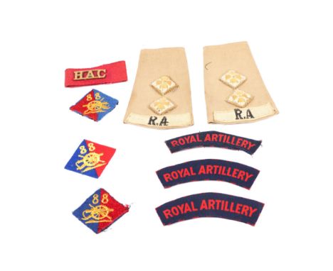 Royal Artillery insignia, pair tropical Lieutenant epaulettes, 88th AGRA formation signs (3), printed Royal Artillery titles 