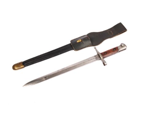 An Italian M1891 bayonet for the Vetterli rifle, in its brass mounted leather scabbard with replacement leather fog. GC (the 